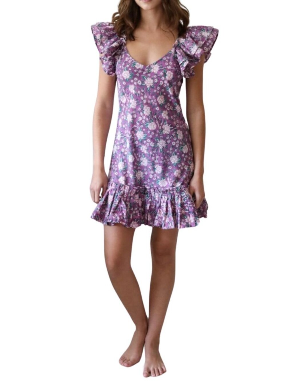 Mille Ingrid Flutter Ruffle Sleeve Sundress Sz L 100% Cotton Purple Floral India